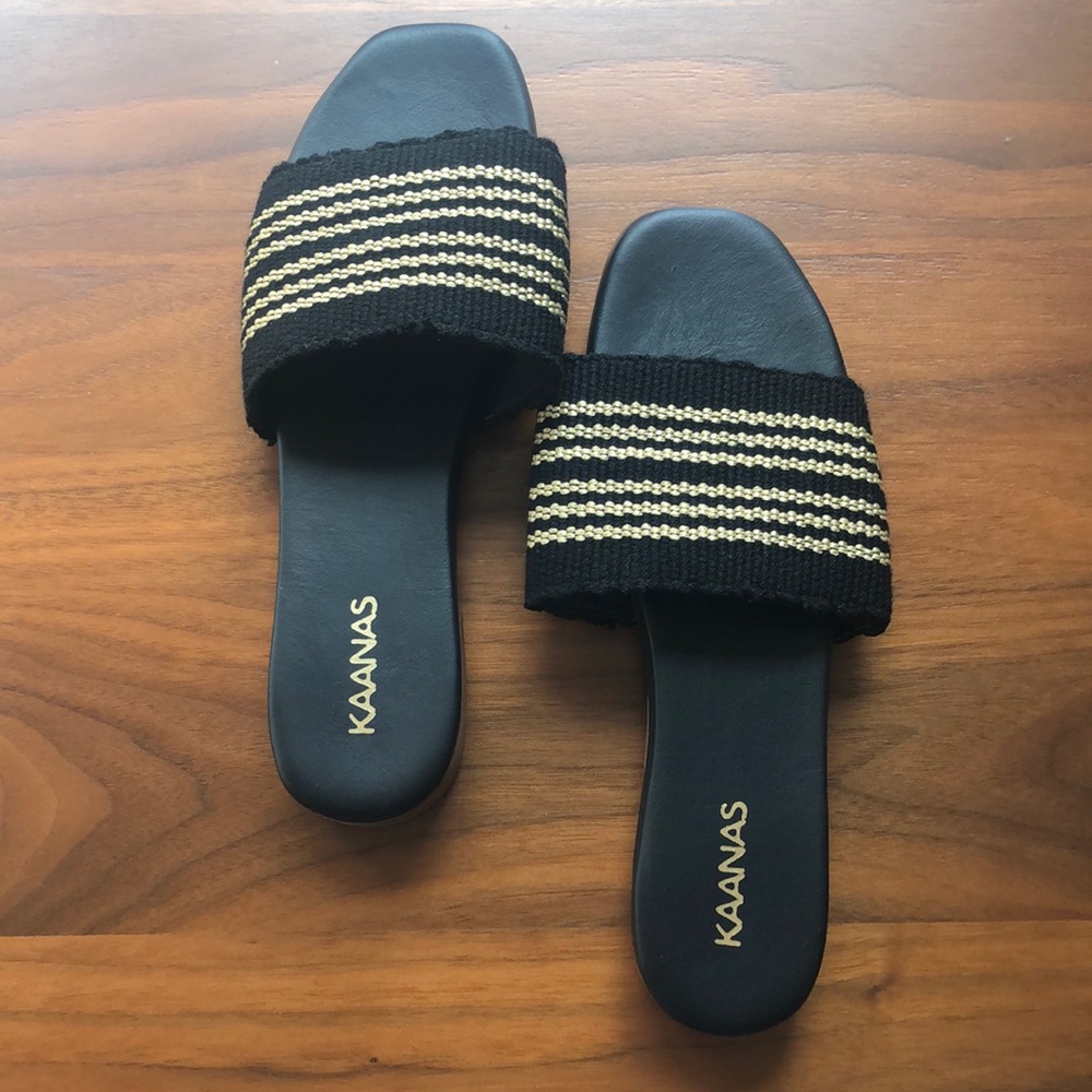 Kaanas Muar Black and Gold Slide Sandals Size 9